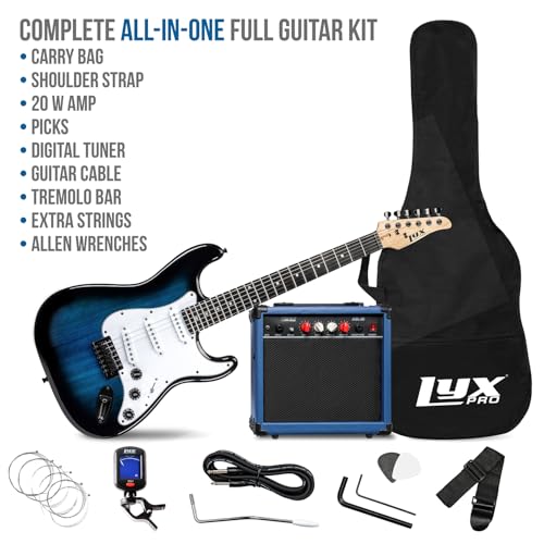 Image of LyxPro 39 inch Electric Guitar Kit Bundle with 20w Amplifier, All Accessories, Digital Clip On Tuner, Six Strings, Two Picks, Tremolo Bar, Shoulder Strap, Case Bag Starter kit Full Size - Blue