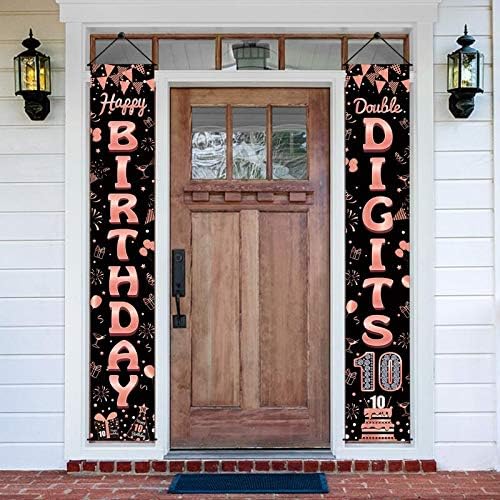 Luxiocio 10th Birthday Banner Decorations for Girls - Double Digits Happy Birthday Porch Sign - 10 Year Old Double Digits Birthday Party Decorations Supplies for Indoor Outdoor (Rose Gold)