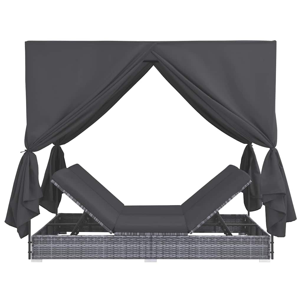 vidaXL Outdoor-Lounge-Bett mit Vorhängen Poly Rattan Grau