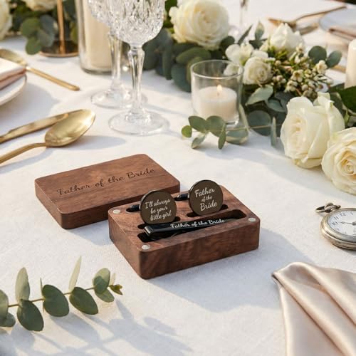 Image of Colingmill Father of the Bride Gift Dad of the Bridegroom Cufflinks Tie Clip Set with Engraved Wood Gift Box for Dad