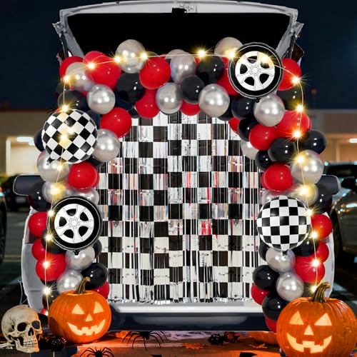 Halloween Racing Car Trunk or Treat Car Decorations Kit with Race Car Foil Fringe Curtains Balloons for Suv Car Archway Haunted House Party Decorations