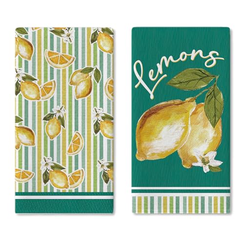 Croar Lemons Kitchen Dish Towels Set of 2, Yellow Green Citrus Fruit Stripes Drying Hand Towel Baking Cooking Cloth, Farmhouse Summer Floral Bathroom Home Decoration 18'' x 26''