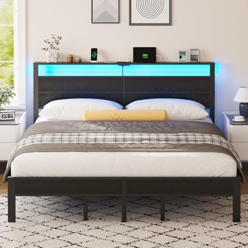 Image of Liians Black King Size Bed Frame with LED Lights and Charging Station, King Size Platform Bed with Metal Slats and Wood Headboard, No Box Spring Needed