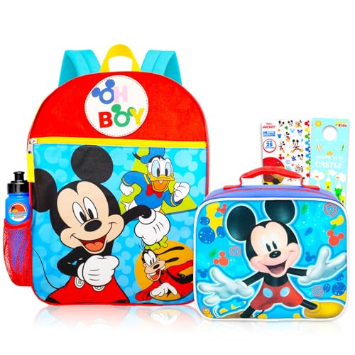 Conjunto de mochila e lancheira Disney Mickey Mouse para crianças – Pacote com mochila colorida do Mickey, lancheira colorida, tatuagens e muito mais | Mochila Mickey para meninos