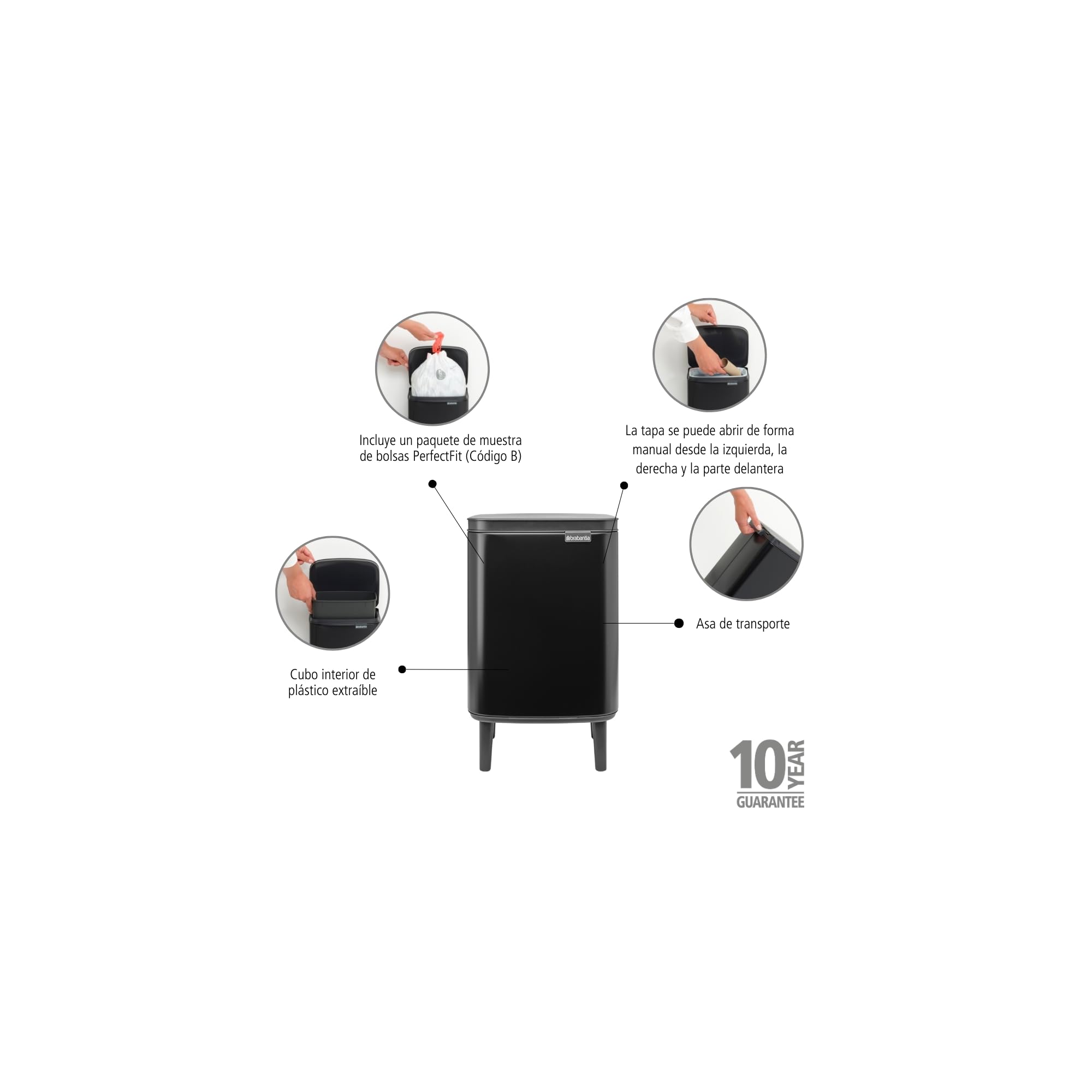 Brabantia - Cubo de basura Bo Hi 7 L con tapa de cierre suave, interior extraíble y asa de transporte - Adecuado para baño, dormitorio y oficina en casa - Matt Black
