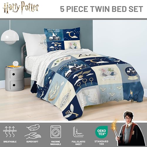 Image of Harry Potter Twin Comforter Set 5 Piece Soft Hogwarts Bedding, Multi | Fantasy, Bed in a Bag, Comforter Sheets Sham Pillowcase, Official Product, Soft Microfiber, Machine Washable, Kids Gift