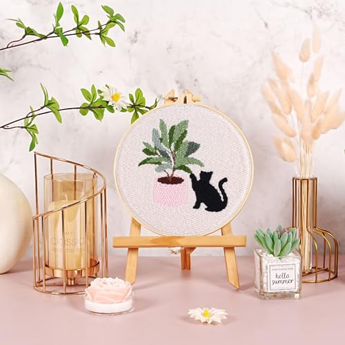 Image of KESTAR Punch Needle Embroidery Starter Kits, Black Cat Flower Punch Needle Kits for Adults Beginner, Needle Punch Kit Tool with Instruction Threader Fabric Yarns and Hoop
