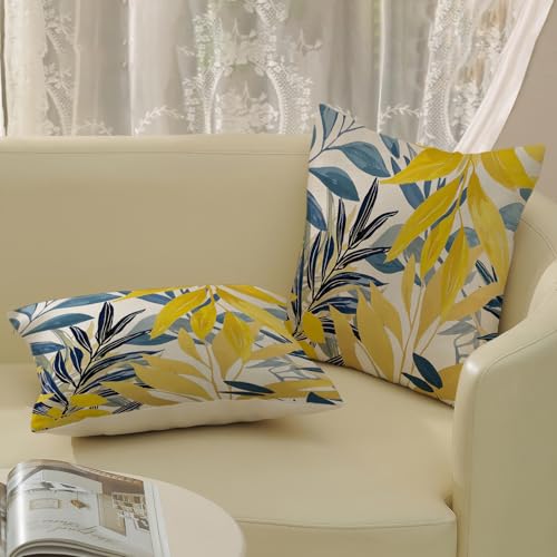 DAFENA Blue Yellow Summer Outdoor Pillow Covers 18x18 Inch 2 Pcs Coastal Palm Leaves Tropical Leaf Decor Throw Pillows Botanical Holiday Decoration Pillowcase Linen Cushion Cover for Couch Sofa — view 4