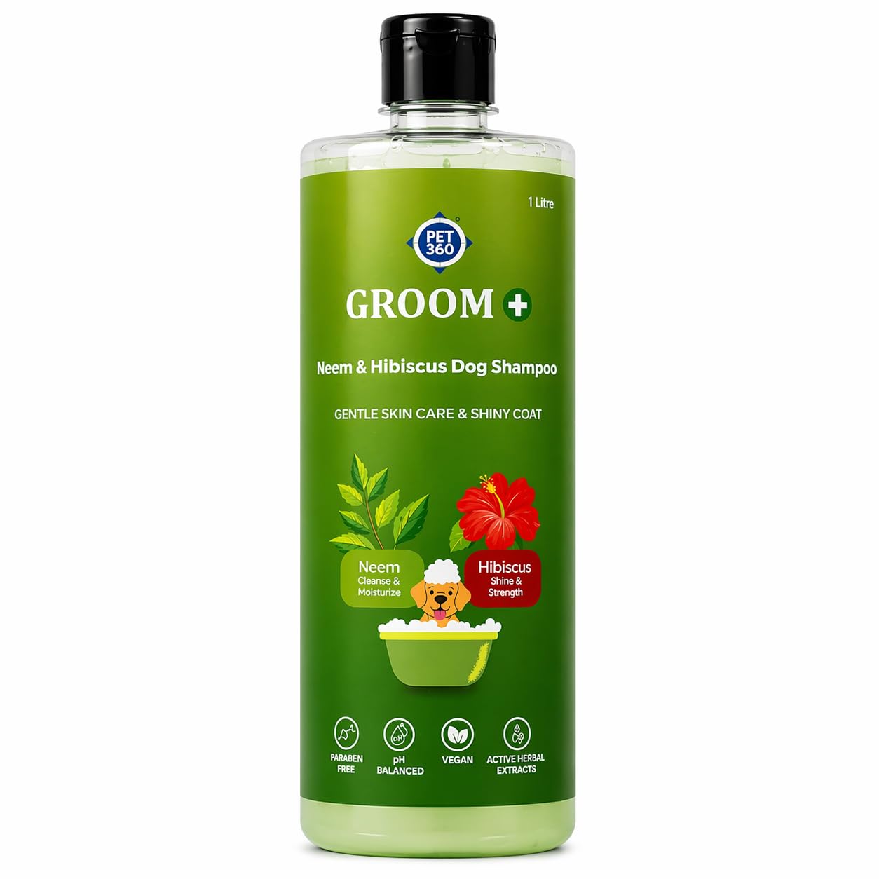 PET360 Groom+ Neem Hibiscus Oatmeal Puppy & Dog Shampoo 1000ml | Vegan Cruelty-Free | Non-Toxic pH Balanced | Phthalate & Paraben Free | Natural Pet Grooming