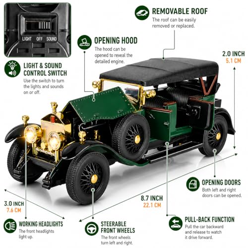 Image of Magicwand 1925 Convertible Vintage Classic Car Model, 1:24 Scale Rollls Roycce Phantom I, Die-Cast Metal, 8.66 x 3.27 inch, Lights & Sound, with Openable Doors,Hood & Removable Roof ⦗Random Color⦘