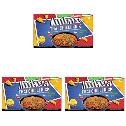 Image of Sausome Noodleverse Thai Chilli Kick - Spicy Garlic DIY Gourmet Noodle Kit | Thai Flavour | 2 Servings | Easy-to-Cook Vegetarian Meal Kit | Net Wt. 370 g (Pack of 3)