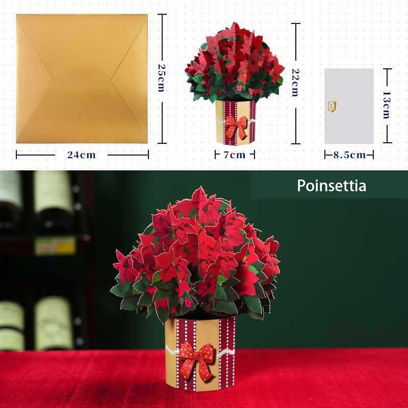 Fassory 3D Pop Up Christmas Flower Card, Handmade Poinsettia Bouquet Christmas Card for Families Friends (Poinsettia) - Image 2
