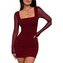ELFIN Women's Sexy Bodycon Mini Dress Ruched Mesh Long Sleeve Square Neckline Club Party Short Dresses