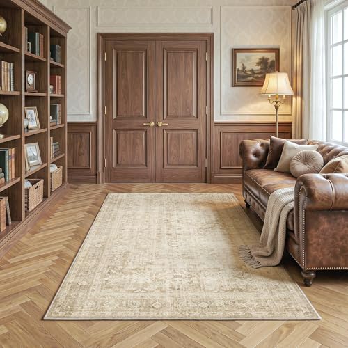 FMFUNCTEX 4x6 Washable Beige Vintage Neutral Throw Area Rug for Entryway