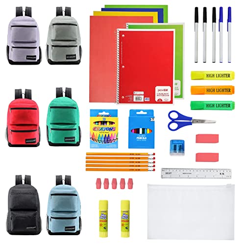 12-Pack 19” Sport Backpacks with 52 Piece School Supplies Kits - Pens, Pencils, Crayons – Bulk Bundle for Elementary, Middle, and High School Students, 6 Assorted Styles