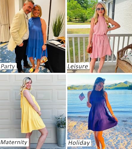 Okiwam Womens Summer Halter Dresses Sleeveless A Line Tiered Swing Mini 2025 Fall Casual Boho Beach Vacation Sundress