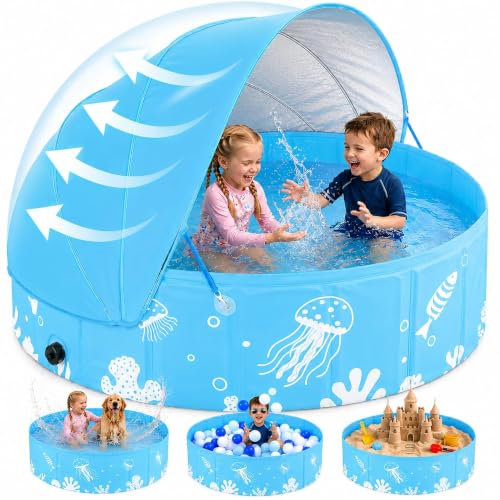 Image of ROMIVO Paddling Pool with Canopy, 47 in Foldable Baby Pool, UPF 50+
