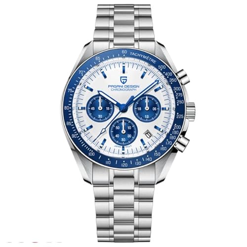 パガ−ニデザイン メンズ腕時計 日本製 SEIKO クォーツムーブメント スピードマスター クロノグラフ ケース 付き 防水 ビジネス 仕事用 ドレスウォッチ ステンレススチール 革 ベルト サファイアガラス 結婚式 パーティー 成人式 記念日 プレゼント