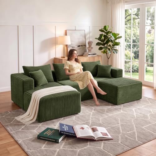 Image of 93 inch U-Shaped Boneless Couch, Corduroy Cloud Couch Sectional with Chaise and Ottoman, Deep Seat Modular Sectional Sofas for Living Room, No Assembly - Olive Green (Left Facing Chaise)