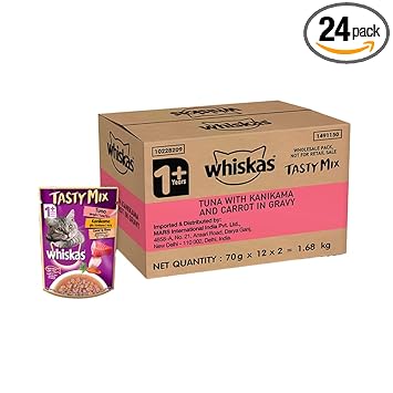 Whiskas Tasty Mix Wet Food for Adult Cats (1+ year), Made With Real Fish, Tuna With Kanikama And Carrot in Gravy Flavour, 24 Pouches (24 x 70g)