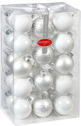 MAGIC 28 Christbaumkugeln 6cm mit Dekor Glas Weihnachtsschmuck Box Weihnachtskugeln Christbaumschmuck Weihnachtsdeko Farbe: Just White-Mix (weiß)