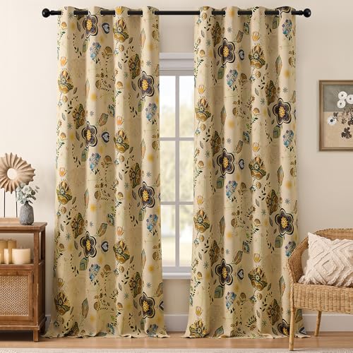 Image of XiDi Extra Long Beige Floral Blackout Curtains 108 Inches Long 2 Panels