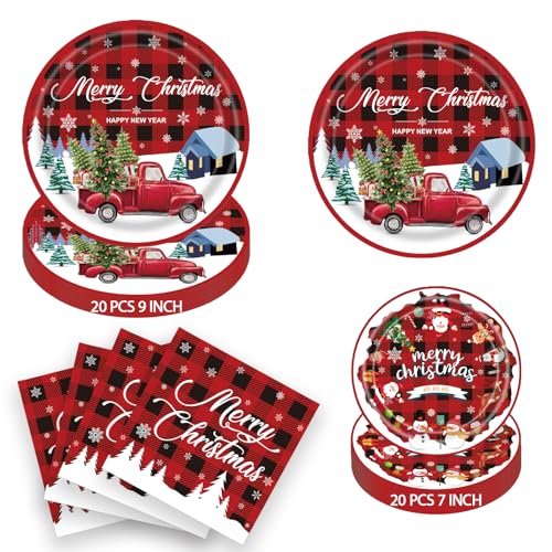Christmas 9 Inch & 7 Inch Party Plates and Napkins Set – Buffalo Plaid Red Truck Disposable Paper Dinner Plates Dessert Plates Napkins for Holiday Dinner Xmas Party Supplies Decorations, Serves 20