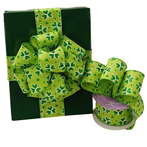 Image of St. Patrick's Day Wired Ribbon - 2 1 /2 inch x 10 Yards, Glittery Emerald Shamrocks on Green Fabric, Earth Day, Kiss Me I'm Irish, Gift Wrapping, Bows