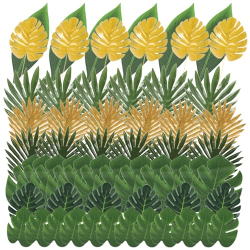 Zasvec Hojas de Palma Artificiales 60 Piezas Hojas Artificiales Decoracion Hojas de Monsteras Verde Hojas Tropicales de Decoraciones Hojas de Plantas Artificiales para Fiesta, Bodas, Verde/Dorado