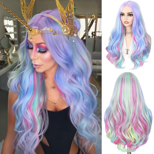 WIGER Long Rainbow Color Wavy Hair Dreamy Unicorn Color Wigs