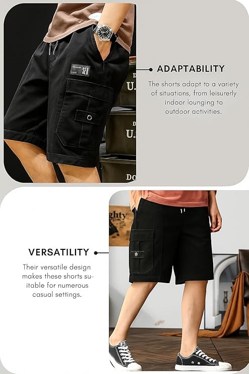 Image of Men's 100% Pure Cotton Cargo Shorts | Regular Fit Knee Length Utility Shorts with Multiple Pockets | Casual Outdoor Summer Wear Shorts for Men
