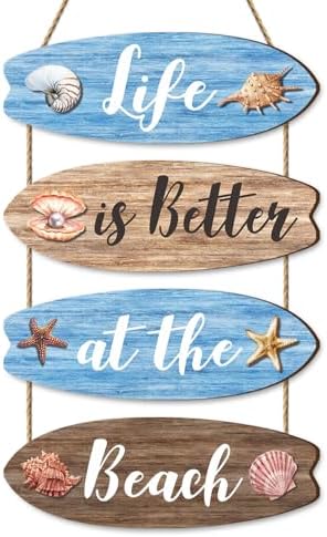 Dazzlewall 4Pcs Beach Bathroom Wall Decor, Blue Wooden Surfboard ...