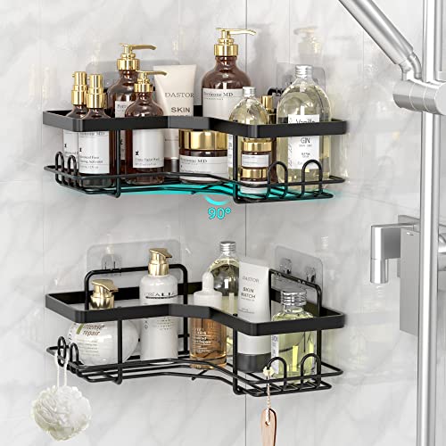 Bonn-1949-2-Pack-Corner-Shower-CaddyStrong-adhesive-Shower-Organizer-Shelf-with-8-hooksWaterproof-rustproof-wall-mounted-shower-shelves-for-bathroomdorm-and-kitchen-No-Drilling-Black