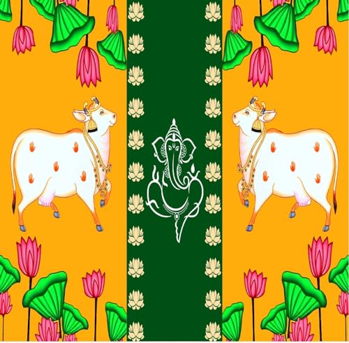 Ganesh Backdrop for Decorations Backdrop Cloth for Pooja Decoration Traditional Background Curtain 8x8 feet (Multi Colur)(Ganesh with Two Cows) (Knit Fabric) pongal Backdrop Decoration