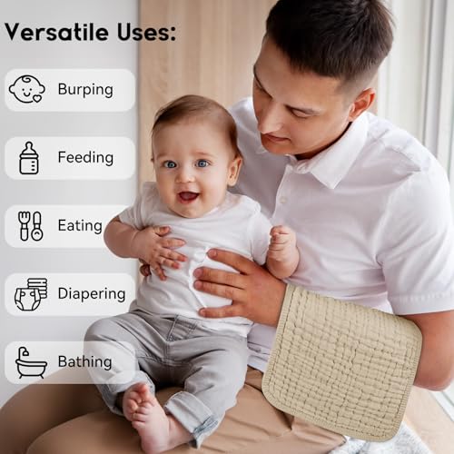Image of Unnivoll Muslin Burp Cloths for Baby 100% Cotton Burping Cloths for Boys Girls Large 20''X10'' Extra Soft and Absorbent 12 Pack - Gradient Khaki