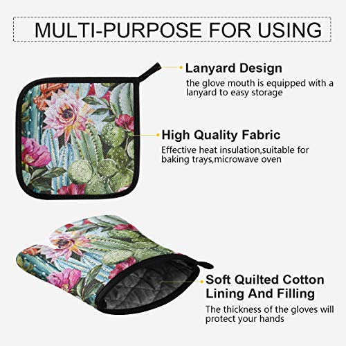 Blueangle Flowers Roses Cactus Oven Mitts And Pot Holders, Heat Resistant To 536 F, Non Slip Kitchen Oven Gloves And Potholders For Cooking,Baking,Grilling, 2-Piece #TOP3