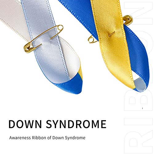 Image of 200 Pieces Satin Down Syndrome Awareness Ribbon with Safety Pins Blue & Yellow Ribbons 1.4 x 3 inch