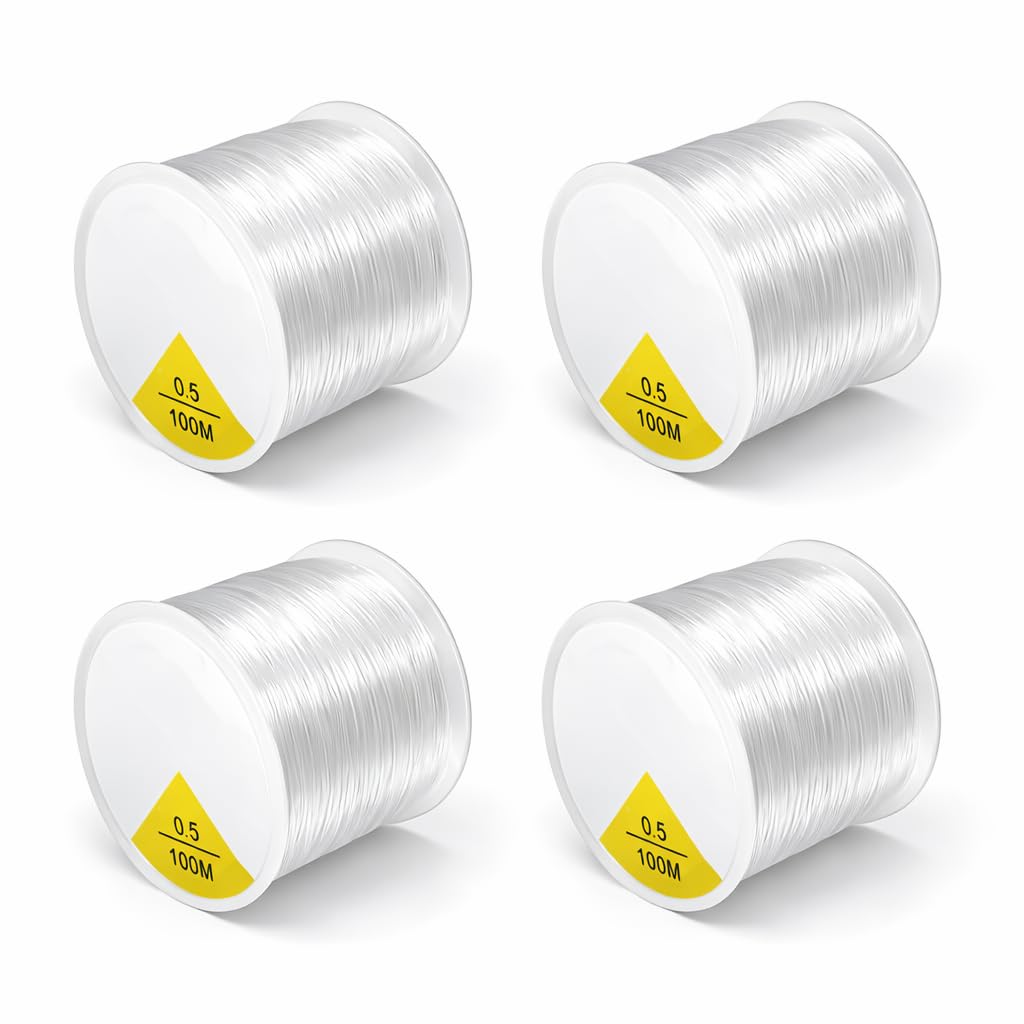 Fishing Wire Clear Fishing Wire for Hanging Decorations and Crafts, 4PCS 0.5mm Fishing Line 100m Rolls, Elastic Cord Clear Bracelet String Invisible Beading Thread, Strong Transparent Hanging Use