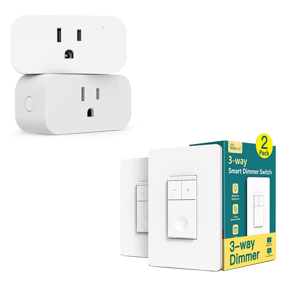 TREATLIFE Homekit Smart Plug 2 Pack + 3 Way Smart Dimmer Switch 2 Pack