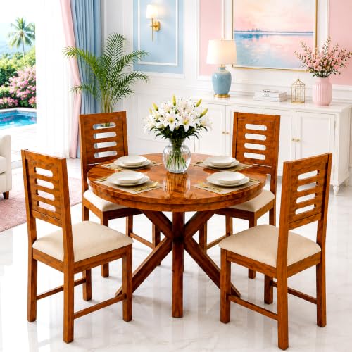 Image of Wooden 4 Seater Dining Set | Solid Sheesham Wood Round Dining Table with Slat Backrest Pattern Cushioned Chairs | Modern & Trending Design for Home & Dining Room | Shining Honey