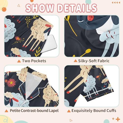 senya Sheep Black Satin Summer Pajama Sets Silk Short Sleeve Button Down Sleepwear3