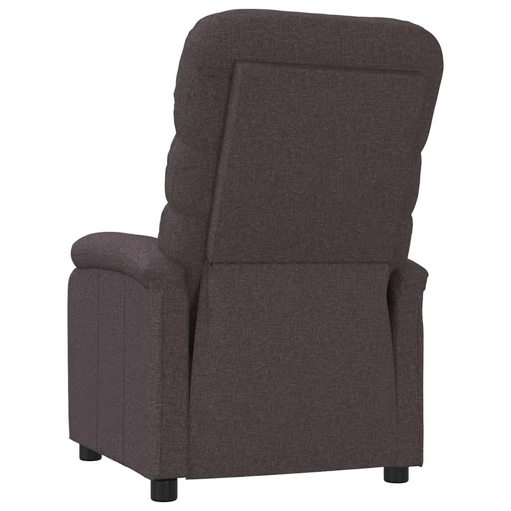Fotel relaksacyjny, ciemnobrązowy materiał z regulowaną funkcją leżenia, ergonomiczna tapicerka, rama drewniano-metalowa, wygodny mebel do siedzenia do salonu, biura, kącika do czytania i