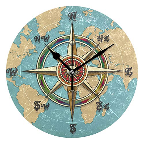 AUUXVA Vintage Nautical Compass World Map Round Acrylic Wall Clock, Silent Non Ticking Art Painting for Kids Bedroom Living Room Office School Home Decor