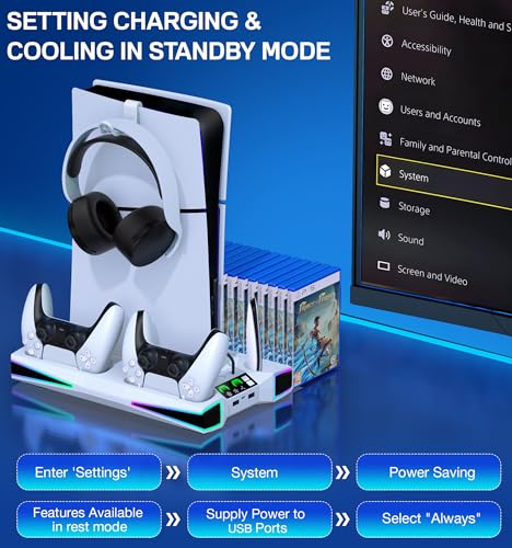 Image of LIFUFUTEE PS5 Stand, PS5 /Slim /Pro Cooling Station with 2.36in Cooling Fan, Controller Charger Station for PS5 Accessories, RGB Light, Headset Holder, 3 Charger Ports for PlayStation 5 Slim /Pro Console