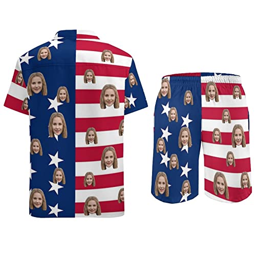 Custom Face Men's 2 Piece Flower Shirt Hawaiian Sets American Flag Printed Casual Button Down Short Sleeve Shirt Beach Gift4