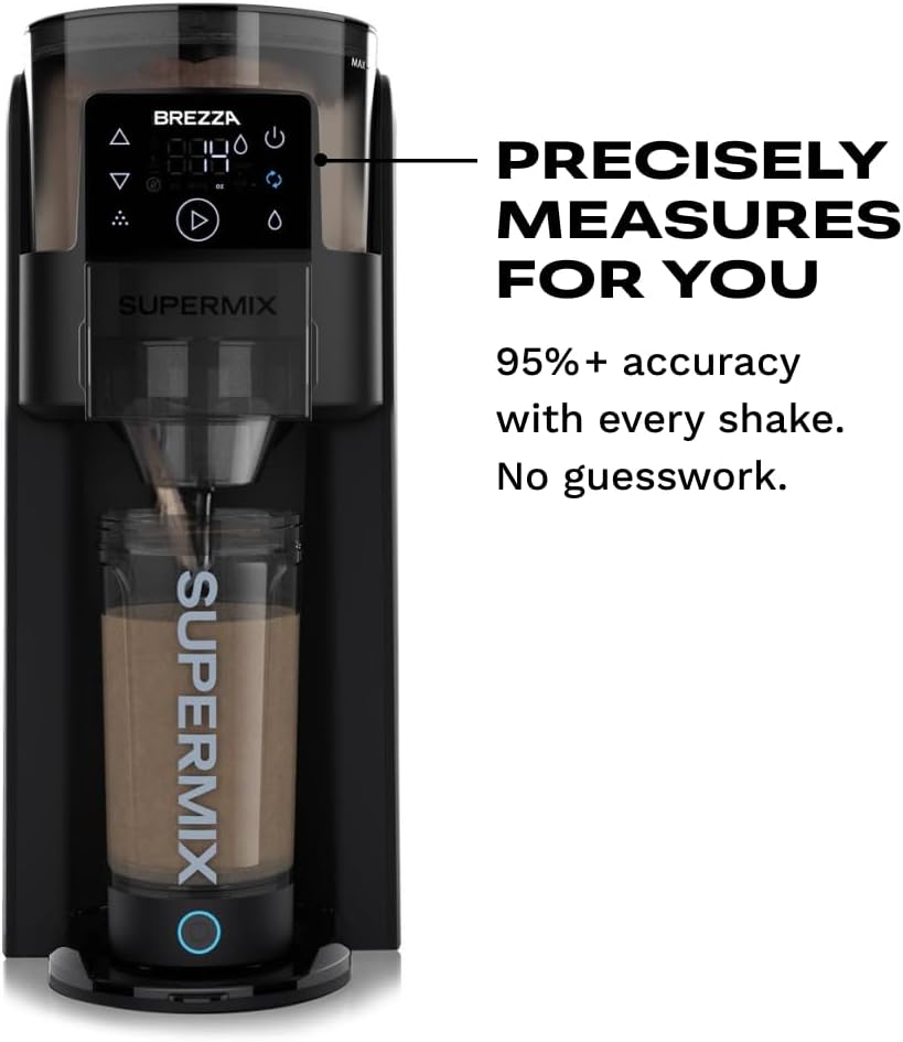 BREZZA Supermix Automatic Protein Shake Maker – Electric Powder Dispenser & Mixing Cup System | 24 oz BPA-Free Tritan | Clump-Free Shakes in 25 Seconds