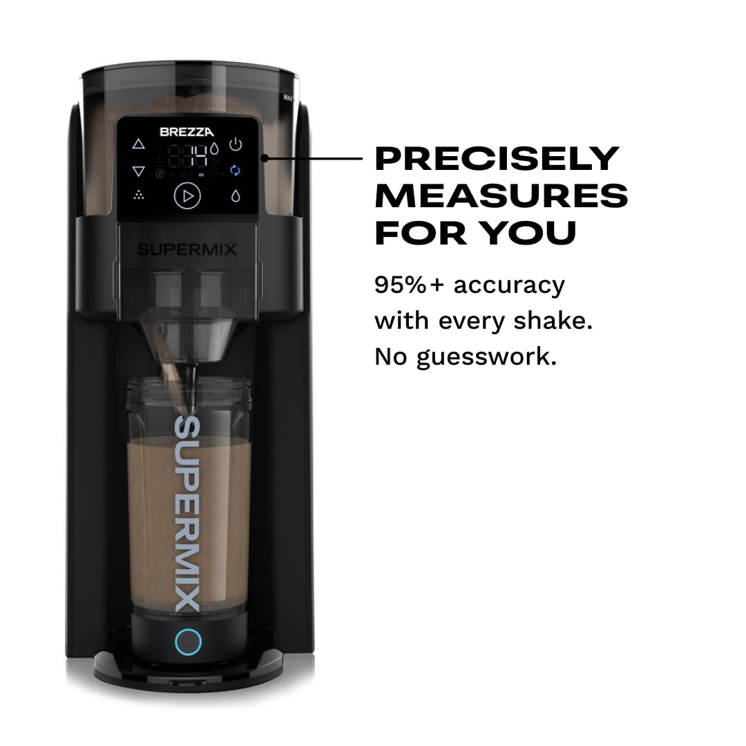 BREZZA Supermix Machine automatique à secouer de protéines – Distributeur de poudre électrique et système de tasse de mélange | Tritan sans BPA de 710 ml | Précision de 95 % | Shakes sans
