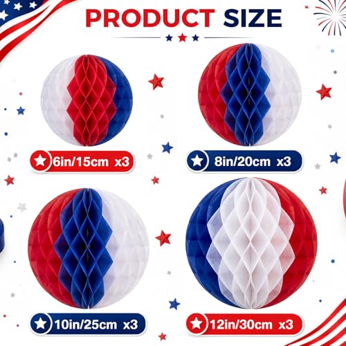 Image of Dunzoom 12 Pcs 250th Anniversary 4th of July Decorations Set 6 inch 8 inch 10 inch 12 inch Patriotic Honeycomb Balls Blue White Red Hanging Round Tissue Paper Pom Poms for Independence Day Memorial Party Decor