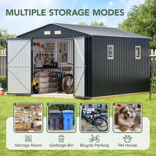 10x10 FT Outdoor Metal Storage Shed, Double Swing Doors, 2 Clear Windows,Tool Shed for Garden, Patio, Backyard Nightblue - Image 4