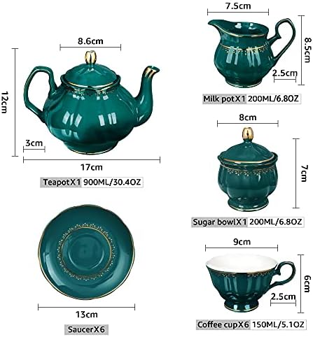 fanquare 21 Pieces Vintage Porcelain Tea Set, Dark Green Coffee Service for 6, with Teapot, Milk Pot, Sugar Bowl, Saucers and Spoons